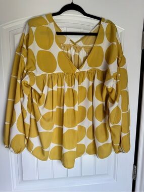 Ces Femme Yellow White Polka Dot Flowy Babydoll Blouse